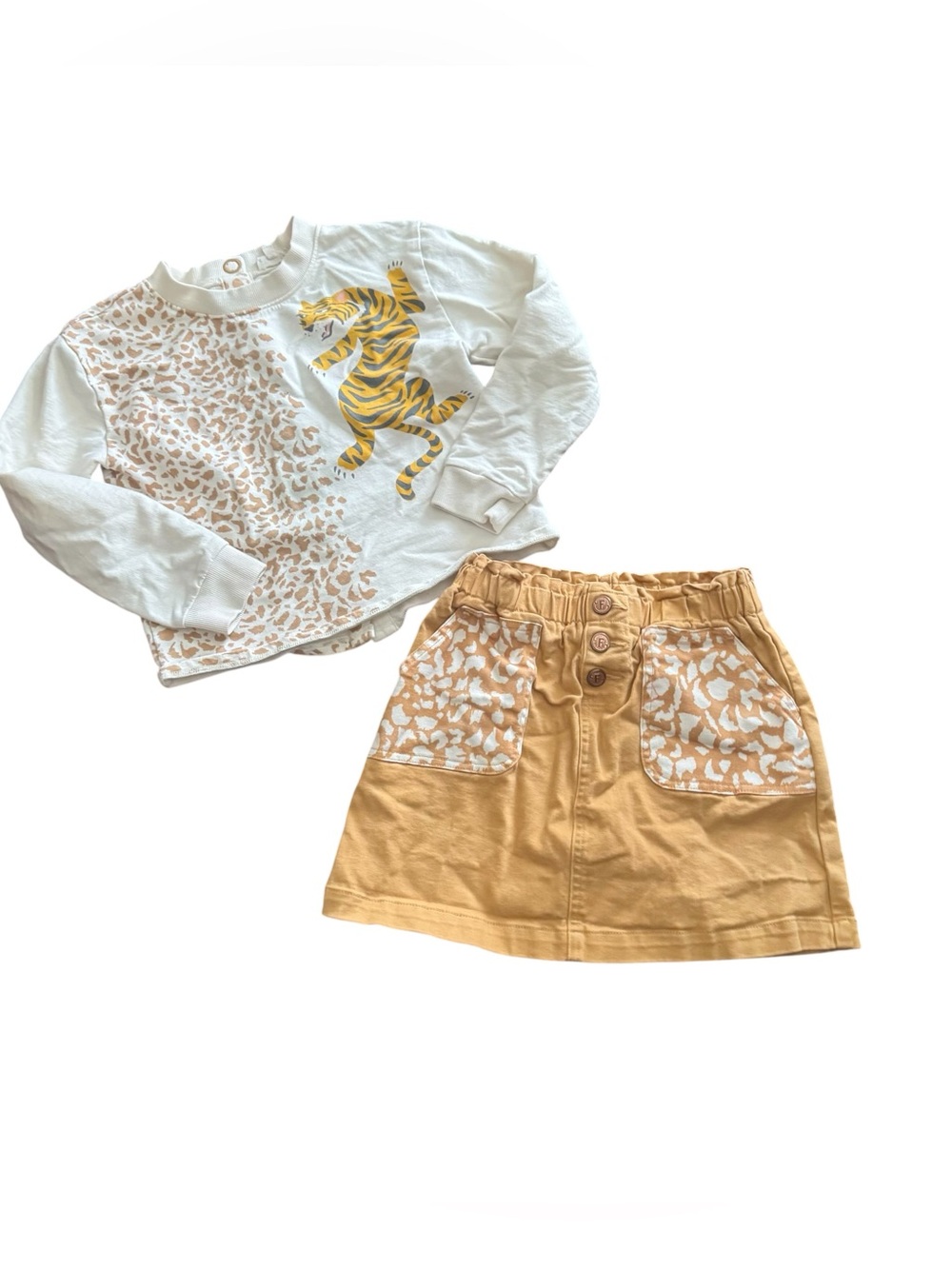 Finding Foxtail Kids Mustard Skort and Ivory Tiger Top Matching Set, Size 8